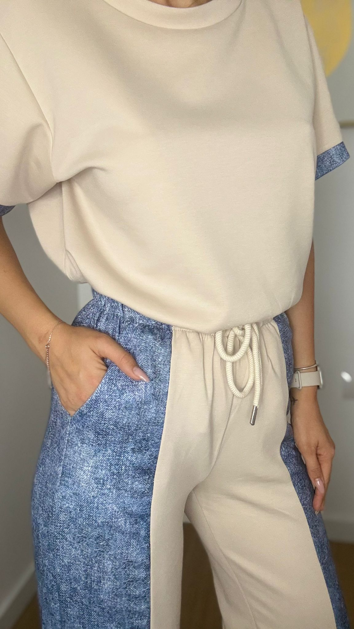 Trening damă bej cu pantaloni jogger bleu - imagine 2
