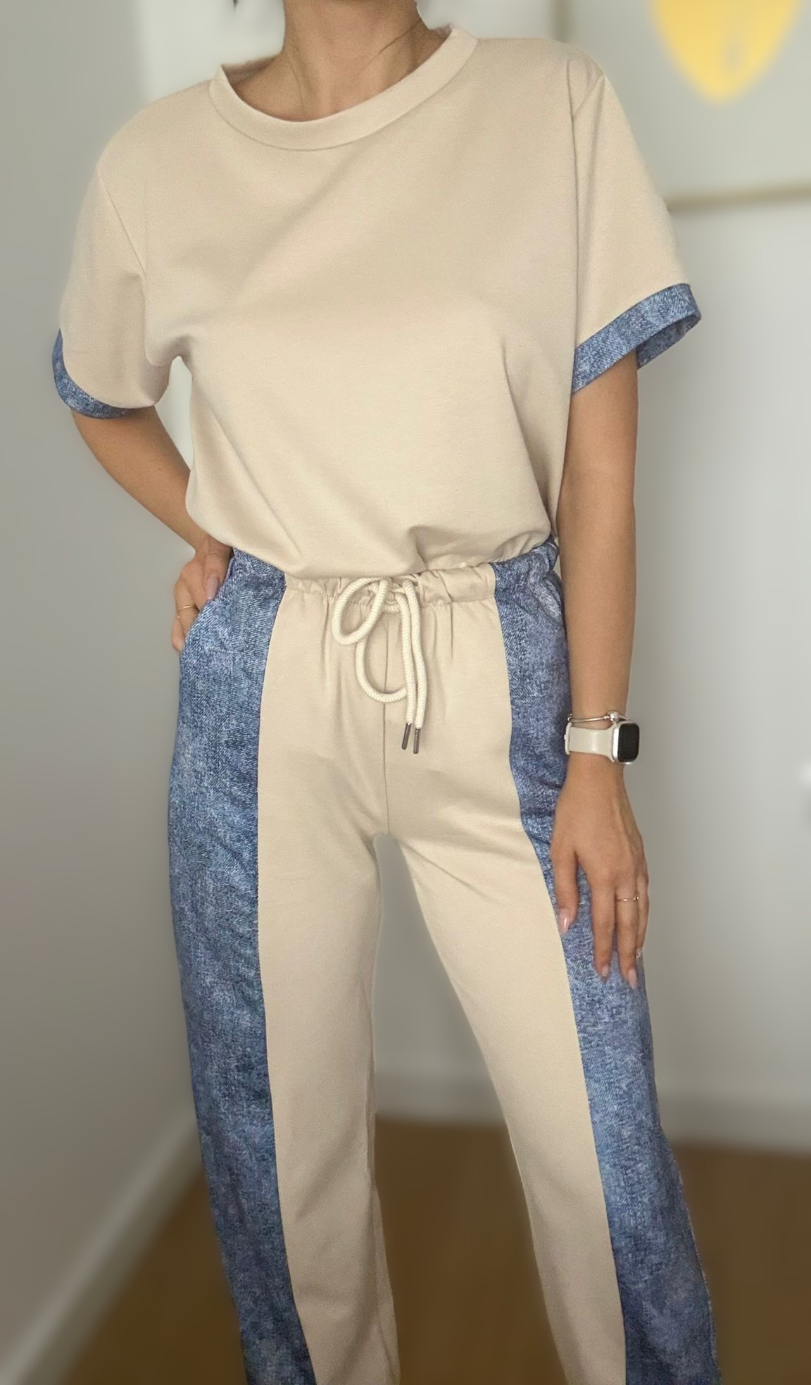 Trening damă bej cu pantaloni jogger bleu - imagine 3