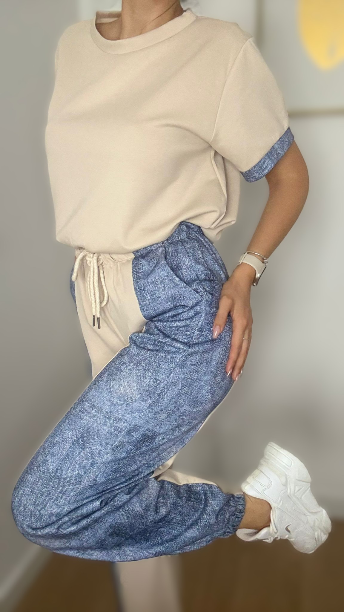 Trening damă bej cu pantaloni jogger bleu - imagine 5