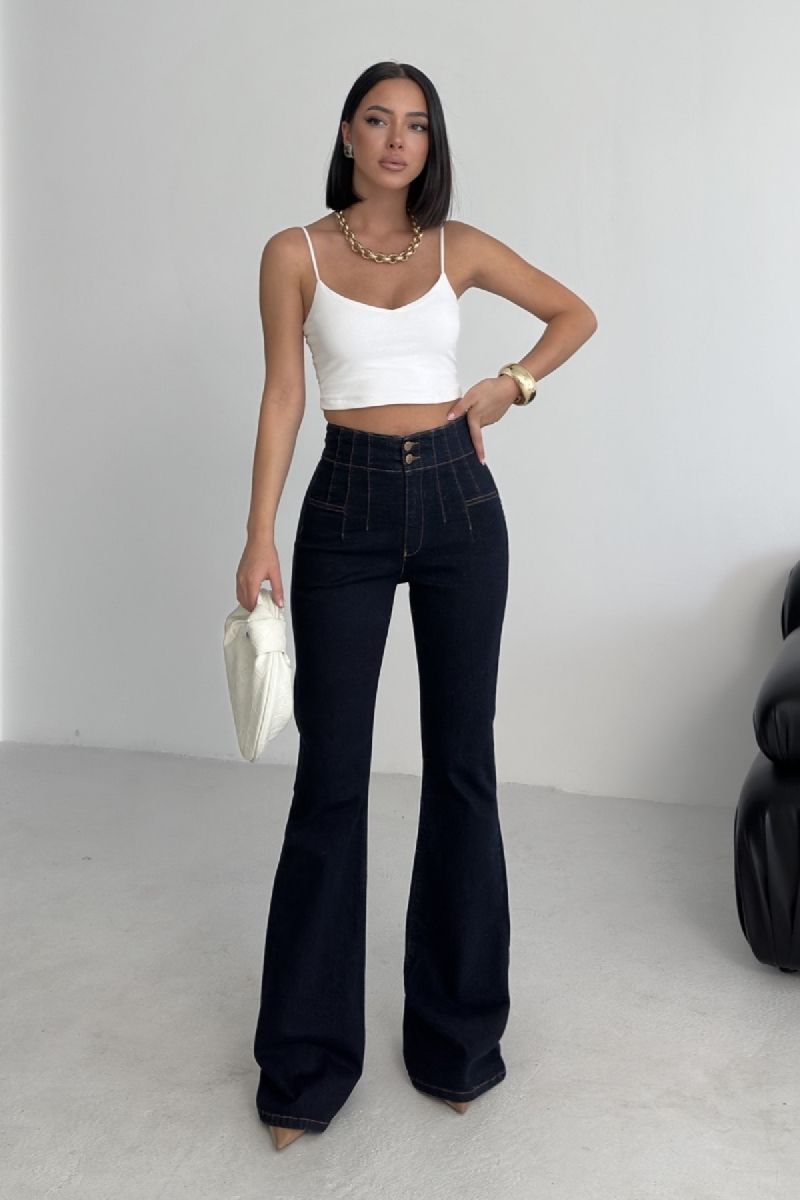 Blugi evazați negri cu talie înaltă – denim elastic