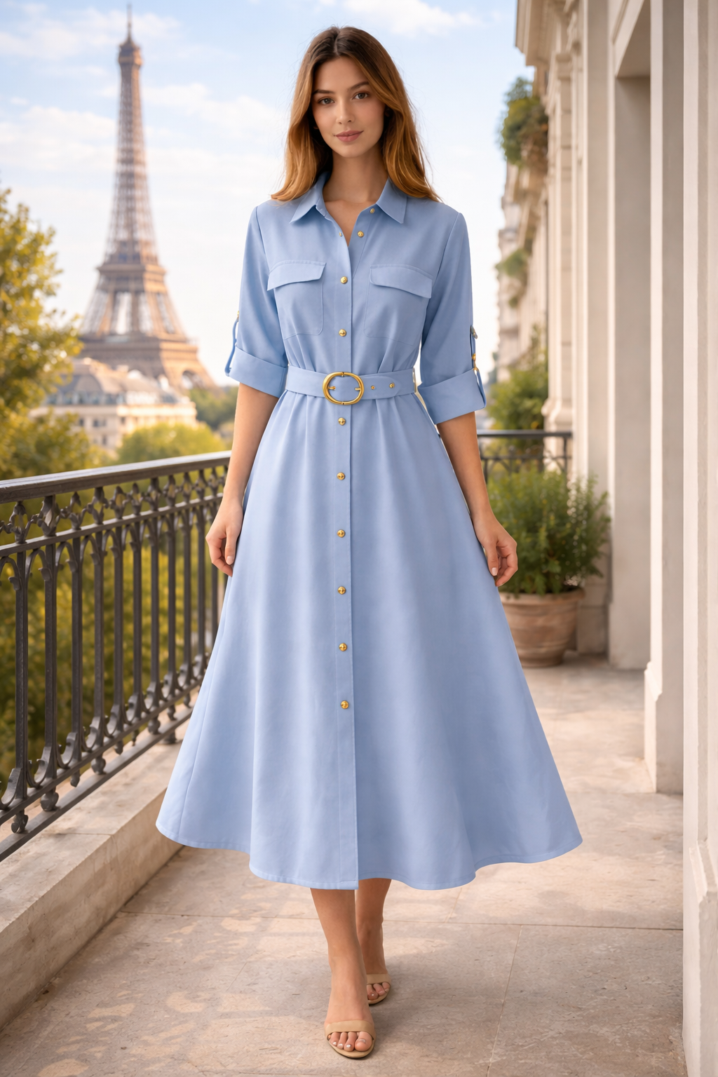 Rochie tip cămașă bleu ciel, midi, cu centură și nasturi aurii
