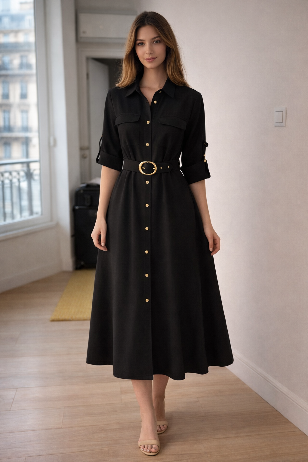 Rochie tip cămașă neagră, midi, cu centură și nasturi aurii