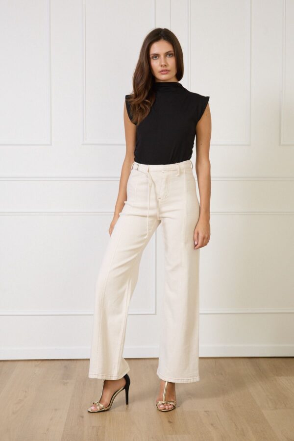 Pantaloni wide leg crem cu talie înaltă