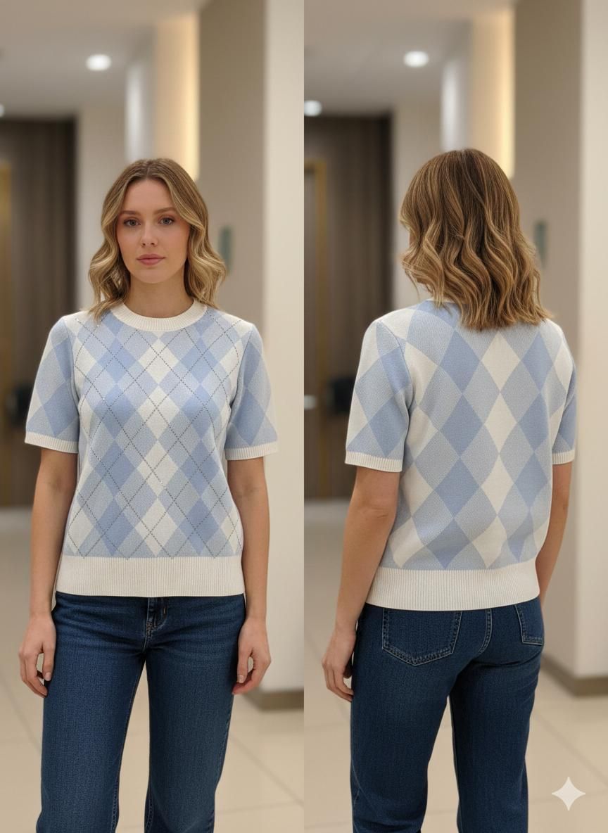 Bluză tricotată bleu cu model argyle