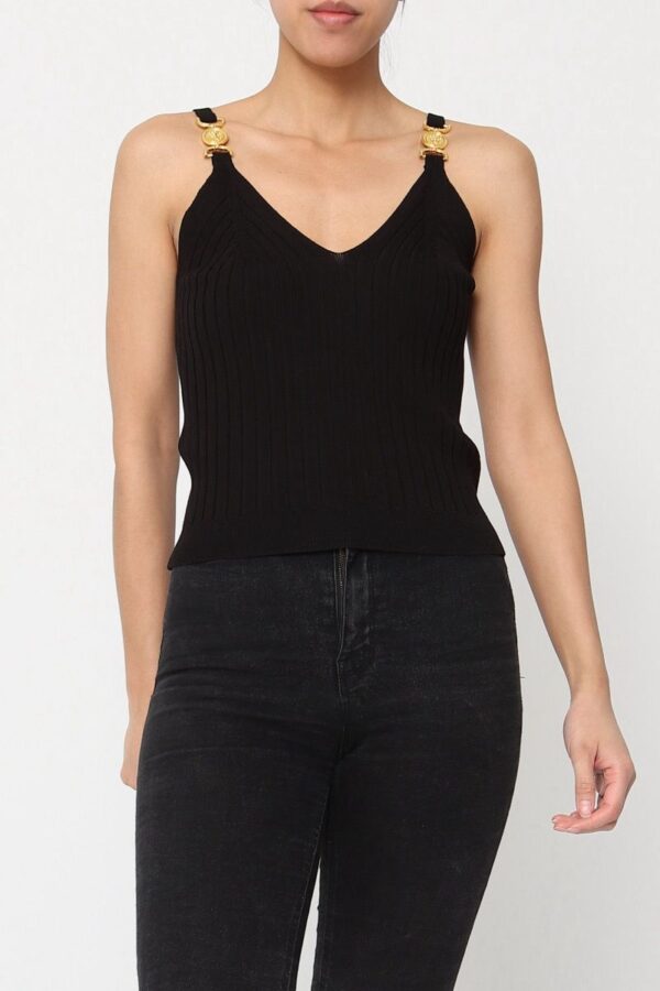 Top tricotat negru cu bretele aurii – Elegant Chic