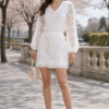 Set alb elegant cu bluză și fustă din dantelă – stil parizian