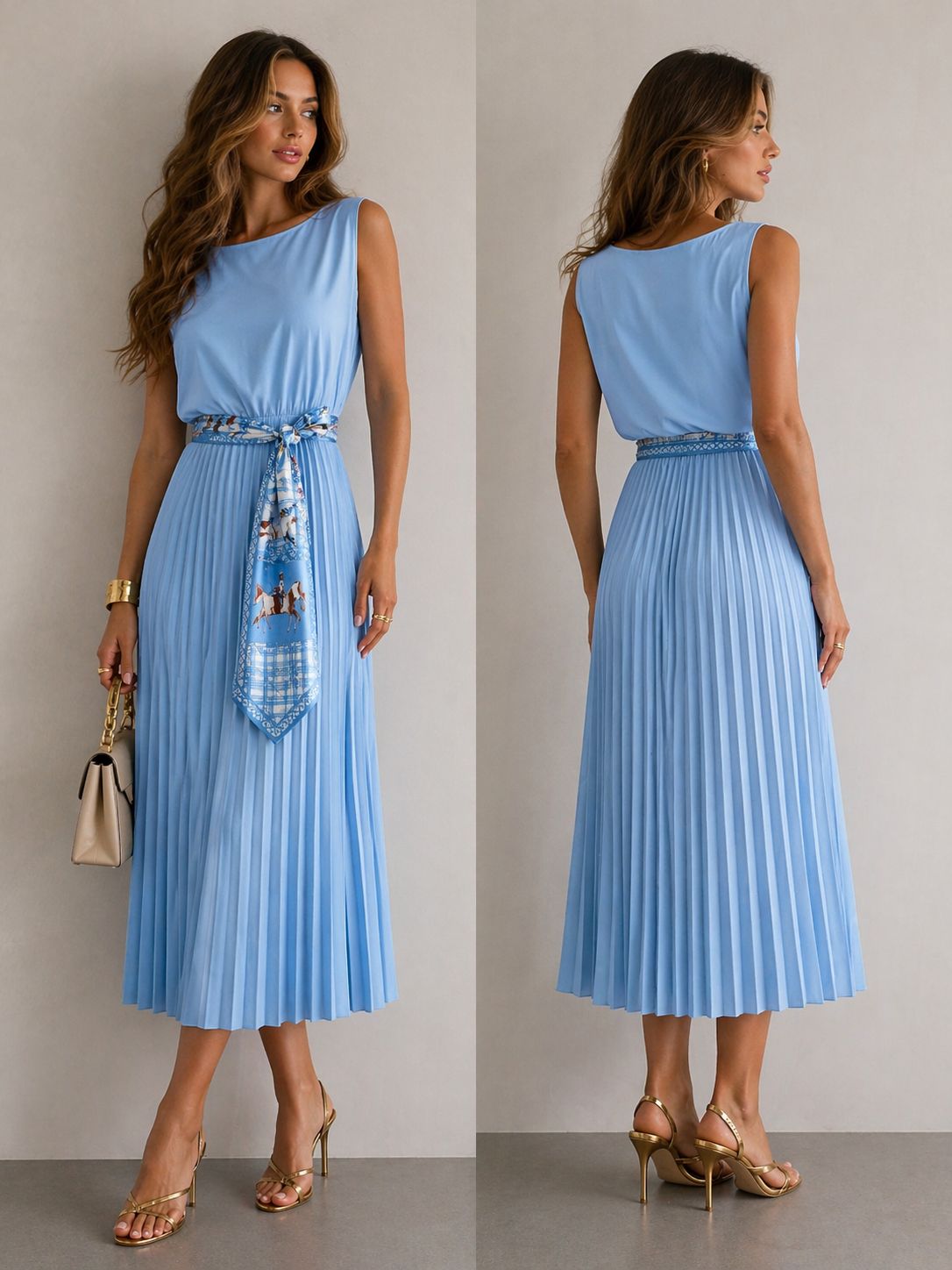 Rochie midi plisată baby blue cu eșarfă decorativă în talie