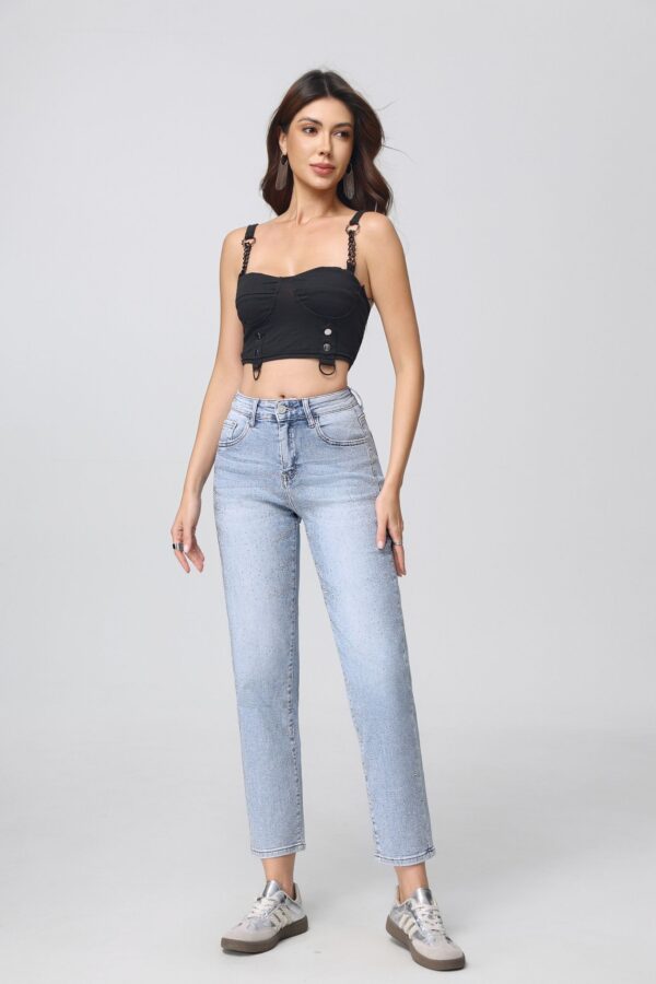 Blugi damă bleu cu strasuri mom fit supraelastici