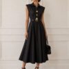 Rochie midi neagră elegantă cu guler și talie marcată